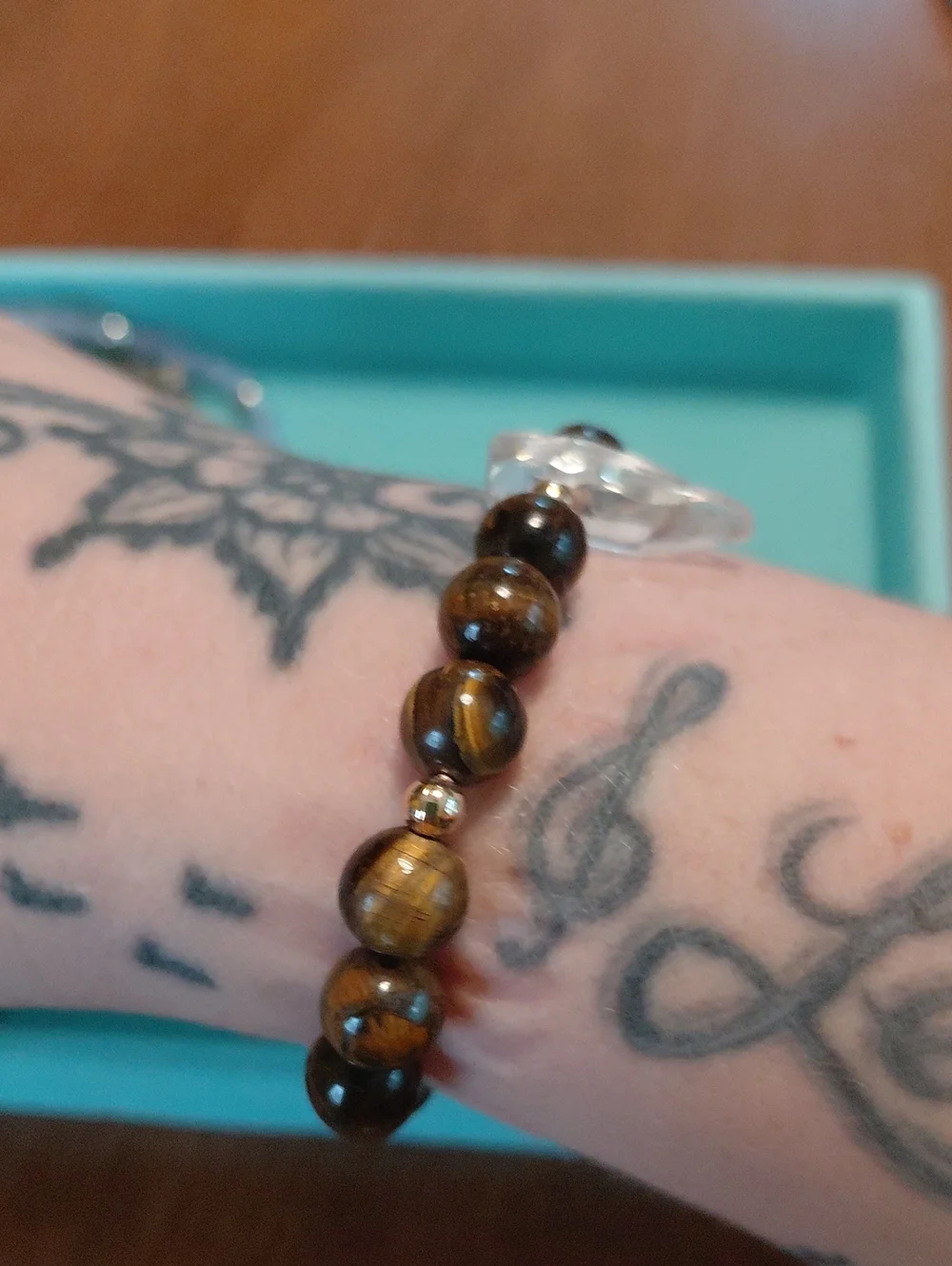 Tiger Eye Beaded Stretch Bracelet with Clear Aura Quartz
